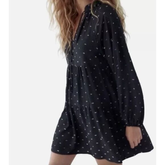 ZARA Womens Charcoal Gray Purple Embroidered Polka Dot Mini Dress S cottagecore - Picture 3 of 16